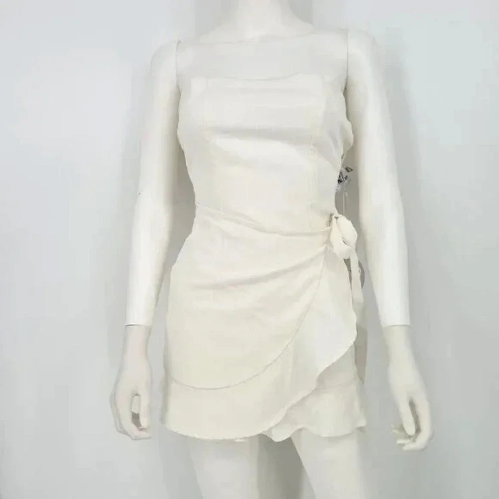 Strapless LINEN‎ Faux Wrap Side Tie Ivory Sexy Party Resort Wedding Y2K Dress 12